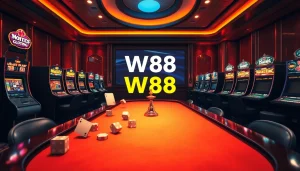 Trải nghiệm sự phấn khích của trò chơi casino với liên kết W88 được làm nổi bật trong bối cảnh sống động.