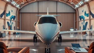 Explore https://flymarquis.com with a luxurious private jet in a sophisticated hangar setting.