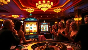 Excited players engaging with the doaslot themed casino slot machine amidst luxurious decor.