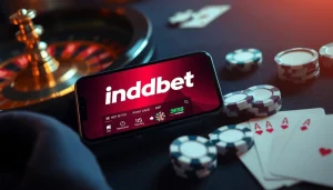 Engaging with the indibet apk on a smartphone amid casino elements like chips and cards.