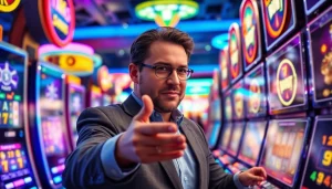 Menggandeng walettoto, penjudi profesional beraksi di kasino dengan mesin slot yang berkilau dan terang.