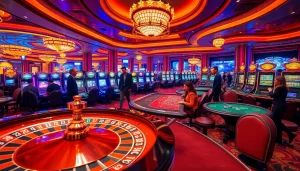 Exciting gambling scene showcasing Trang chủ Go99 with roulette and poker tables plus vibrant slot machines.