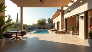 Terrasse extérieure élégante présentant différents styles de carrelage extérieur avec un éclairage naturel et des tons terreux.