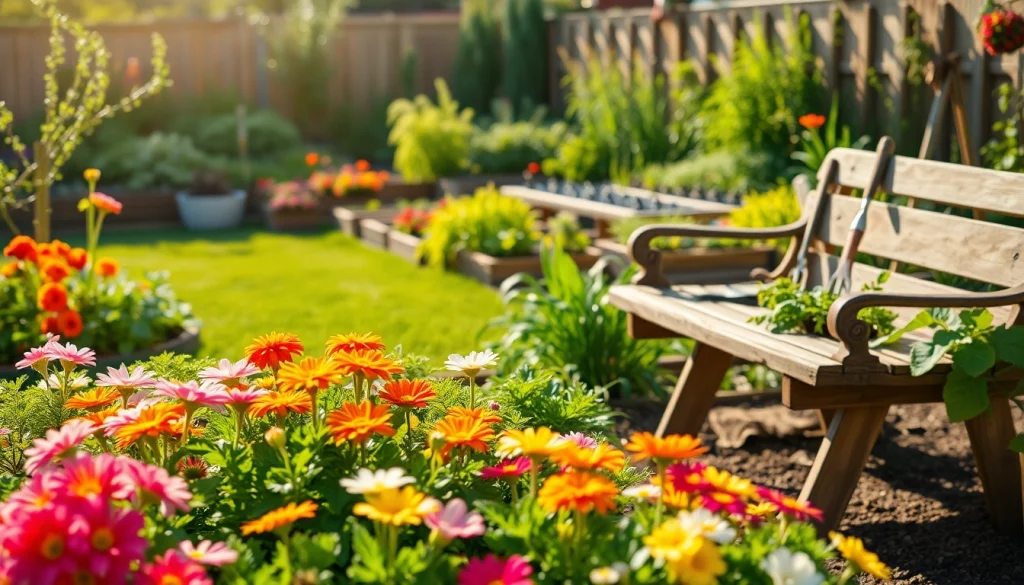 Gardening scene with vibrant plants and flowers in a serene backyard setting.