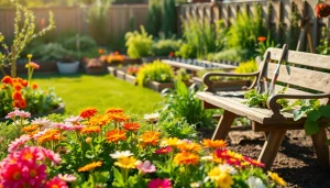 Gardening scene with vibrant plants and flowers in a serene backyard setting.