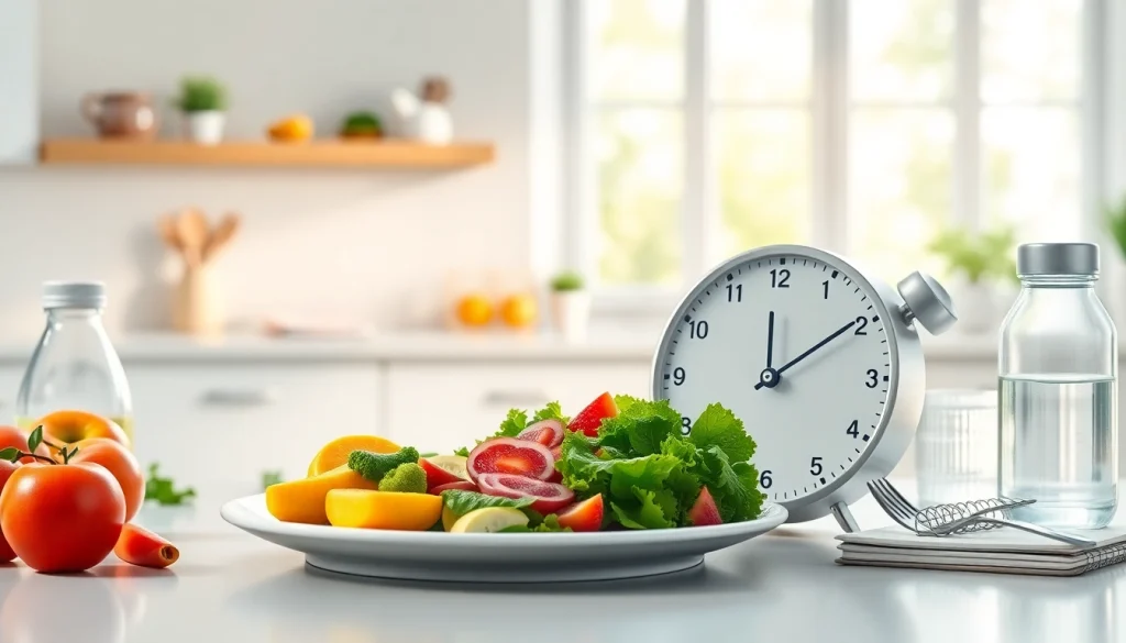 Illustration of intermittent fasting concept with meal plate and clock promoting healthy lifestyle.