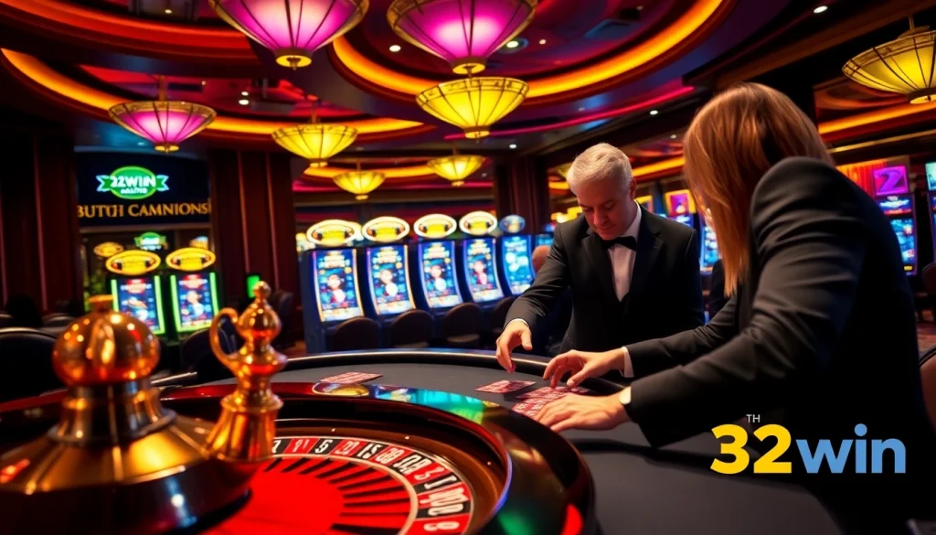 A player at 32win 3 excitedly places chips at a roulette table in a luxurious casino setting.