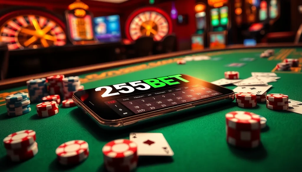 Experience luxury gaming with the 255BET App displayed on a smartphone surrounded by casino elements.