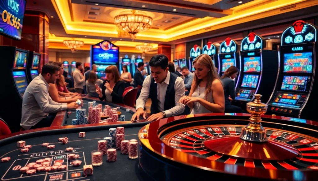 Engage in exciting gameplay at OK365 Homes featuring vibrant casino tables and slot machines.