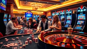 Engage in exciting gameplay at OK365 Homes featuring vibrant casino tables and slot machines.