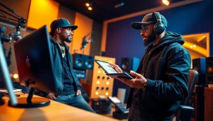 Engaging hip hop publicist collaborating with an artist to develop a marketing strategy.