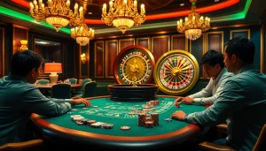 Players enjoying a thrilling game at a high-end casino table, featuring https://nk88.us.com/ branding in the luxurious setting.