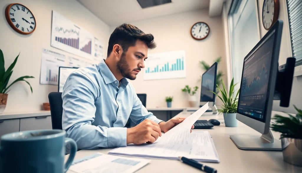 SMSF accountant analyzing financial data in a modern office setting, showcasing investment strategies.