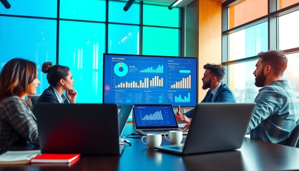 Optimize SEO strategies with a professional team analyzing data in a modern office