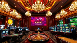 A vibrant casino scene featuring a roulette wheel and poker tables, emphasizing excitement at https://top10nhacai.gg/.