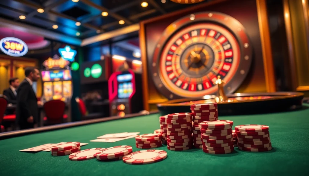 Engaging casino scene with 389WIN players at an elegant poker table, showcasing luxury and excitement.