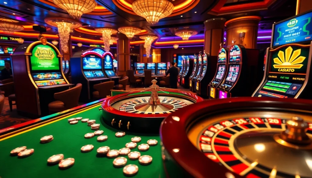 Exciting NEW88 Trang chủ casino scene with poker chips, roulette wheel, and vibrant slot machines.