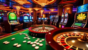 Exciting NEW88 Trang chủ casino scene with poker chips, roulette wheel, and vibrant slot machines.