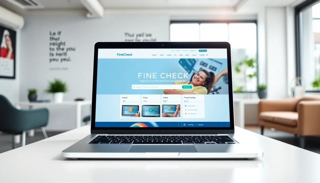 Check traffic fines easily with https://finecheck.cy displayed on a laptop in an office setting.