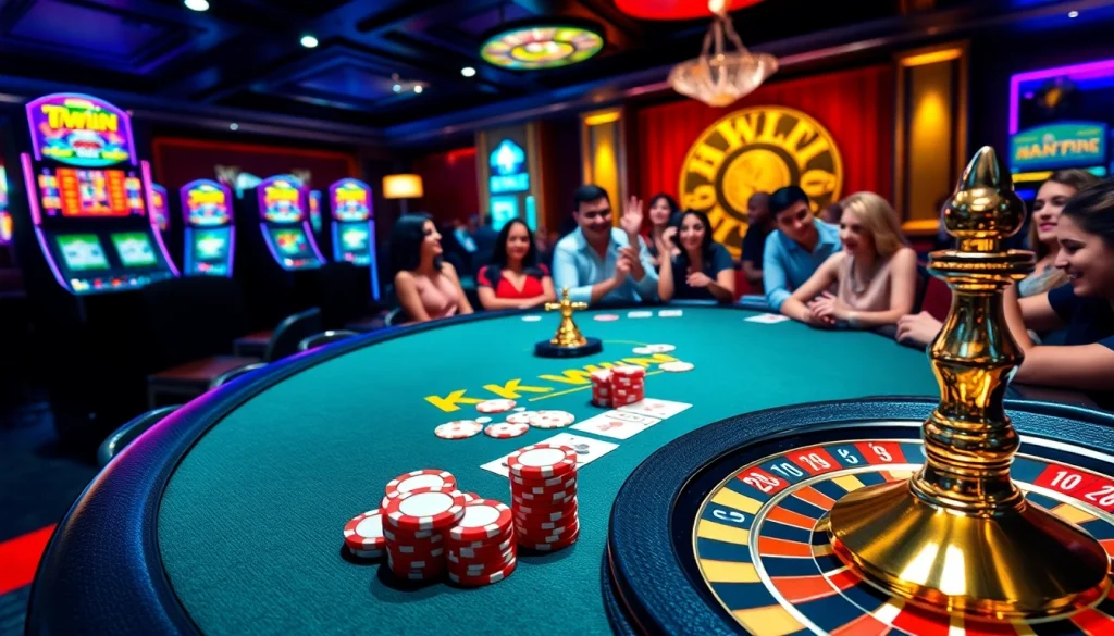 Experience the thrill at KK WIN's exciting casino tables filled with vibrant poker chips and cards.