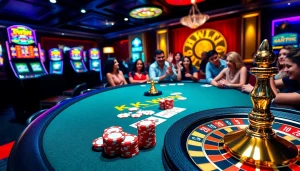 Experience the thrill at KK WIN's exciting casino tables filled with vibrant poker chips and cards.