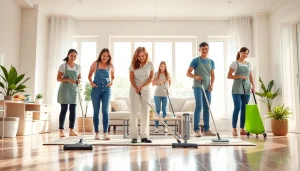 Cleaning service team joyfully organizing a bright living room, highlighting professionalism and teamwork.