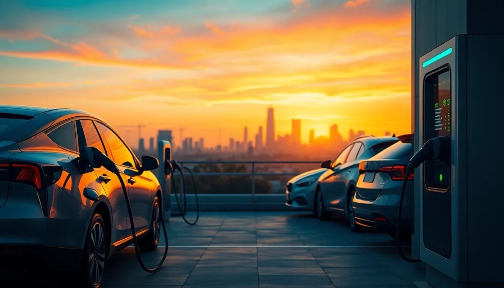 View dynamic EV charging news with modern charging stations and electric vehicles.