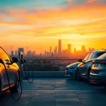 View dynamic EV charging news with modern charging stations and electric vehicles.