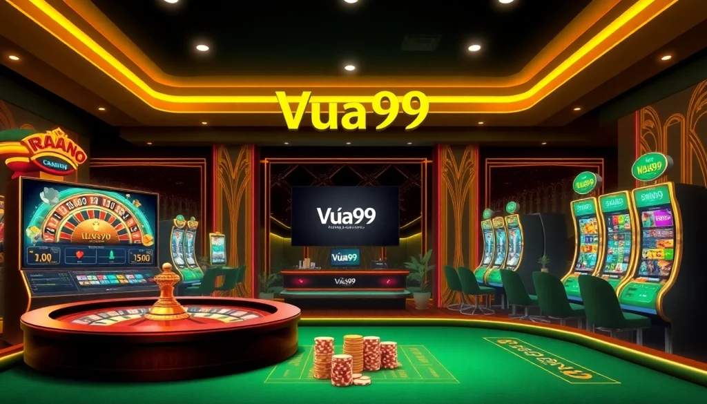 Exciting Vua99 online casino scene showcasing roulette, poker tables, and vibrant slot machines.
