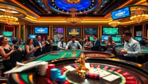 The vibrant casino atmosphere featuring sbobet link alternatif, poker chips, and betting slips in an exciting game.