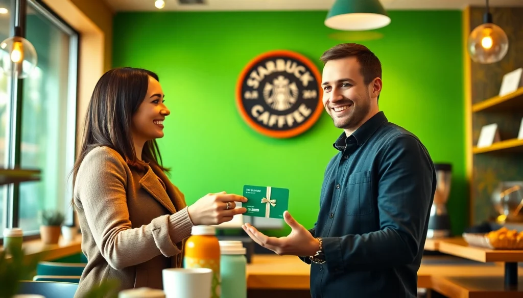 스타벅스 기프티콘을 고객에게 건네주는 바리스타의 따뜻한 모습