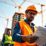 New York Construction Manager reviewing blueprints amidst a bustling urban construction site.