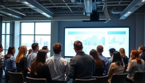 Engaged professionals at a construction association meeting discussing project plans.