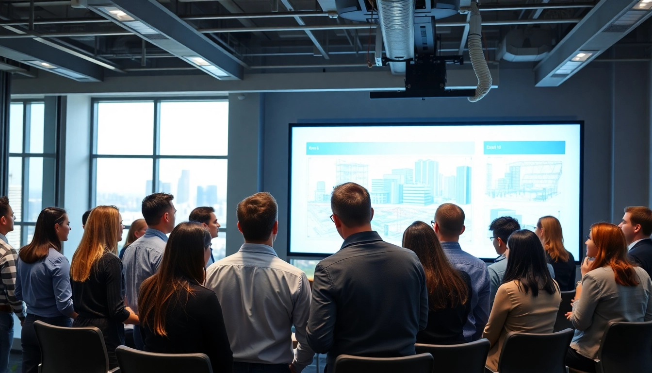 Engaged professionals at a construction association meeting discussing project plans.
