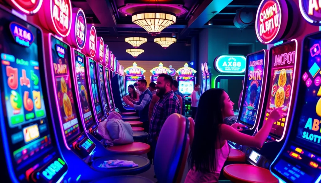 Cảnh chơi AX88 Slot đầy hứng khởi với người chơi tại các máy đánh bạc sống động.