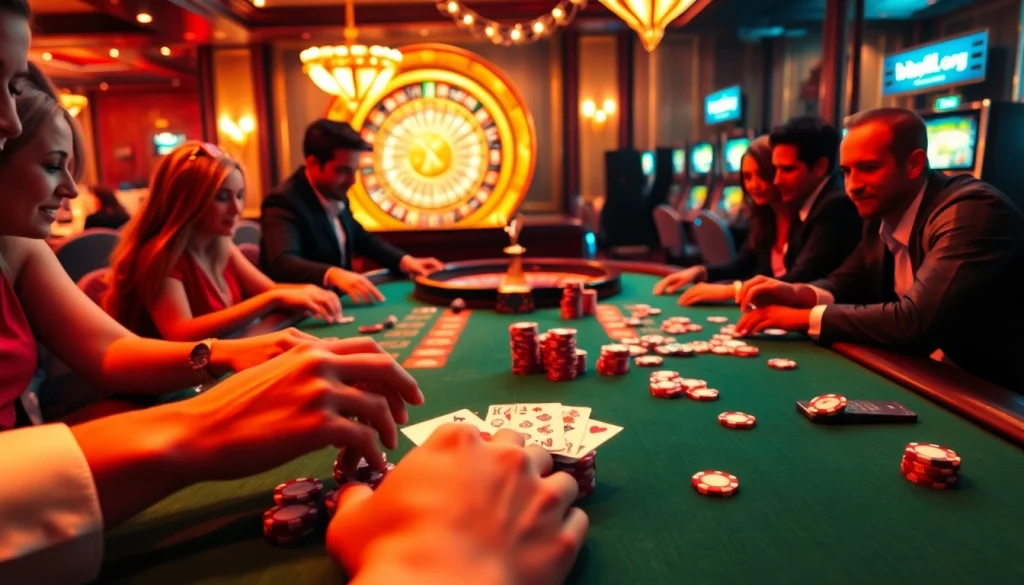 Players engaged in a thrilling poker game with chips and cards at bdjl.org casino.