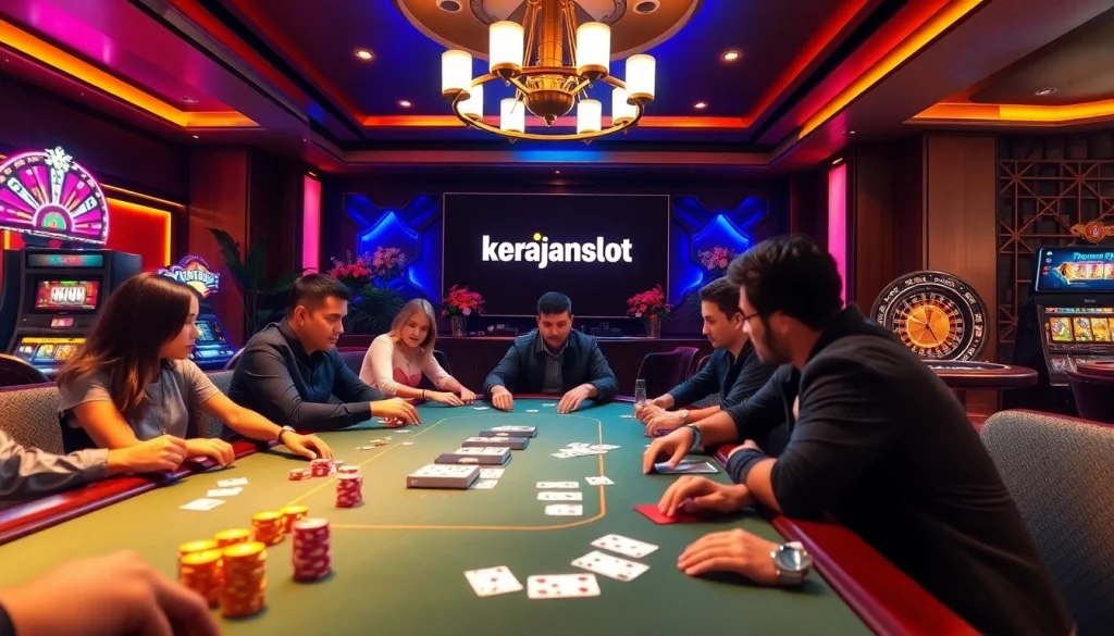 Engaged players at a high-stakes game table showcasing kerajaanslot amidst a vibrant casino atmosphere.