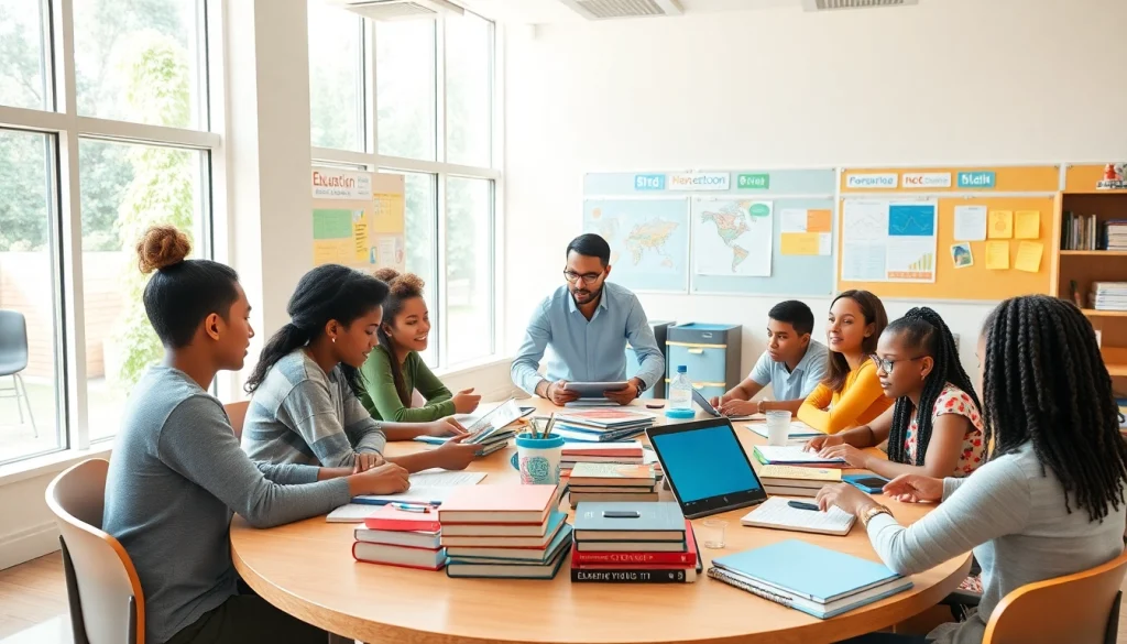 Dynamic education scene depicting students engaged in collaborative learning, highlighting innovation in education.