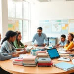 Dynamic education scene depicting students engaged in collaborative learning, highlighting innovation in education.