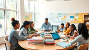 Dynamic education scene depicting students engaged in collaborative learning, highlighting innovation in education.