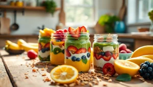 Enjoy delicious breakfast options at https://masonjarbreakfast.com showcasing colorful mason jars filled with fresh ingredients.