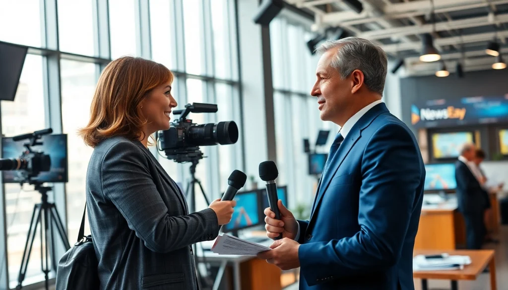 Captivating scene of a journalist working on Usa Today in a vibrant newsroom.