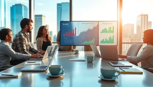 Highlighting business growth insights through a collaborative team effort in a modern office environment.