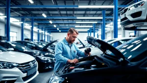 Learn about monthly car warranty plans with a mechanic reviewing a vehicle in a professional service center.