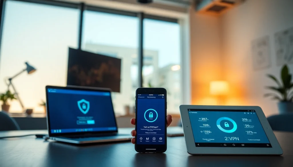 在现代工作区的设备上显示的快连VPN界面，突出安全连接。