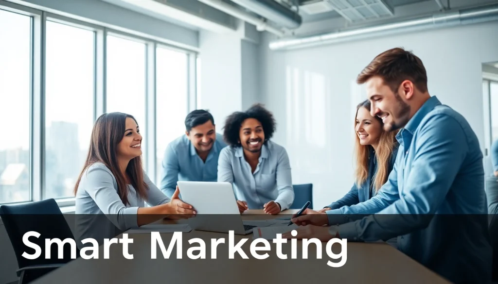 Engaged team discussing Smart Marketing strategies while analyzing graphs in a bright office.