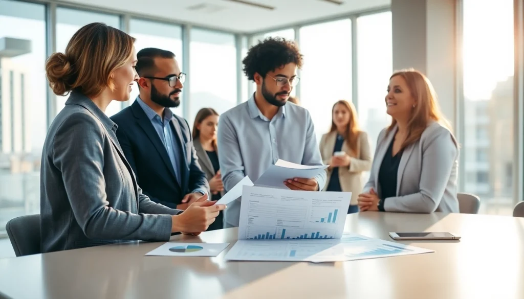 Investasi deposit 1k dalam diskusi keuangan profesional dan klien di kantor masa kini.