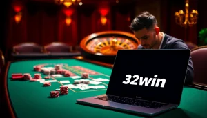 Experience the thrill of the casino with 32win featuring vibrant poker chips and an exciting roulette wheel.