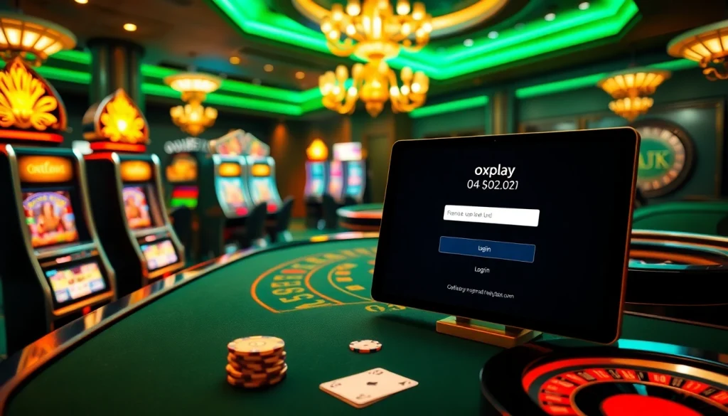 Experience the exciting oxplay login at a vibrant online casino featuring slot machines and poker tables.