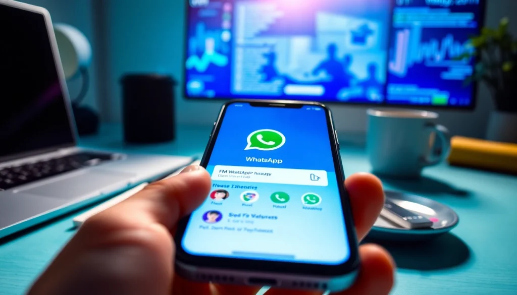 Explore FM WhatsApp's innovative features on a smartphone interface set in a modern workspace.